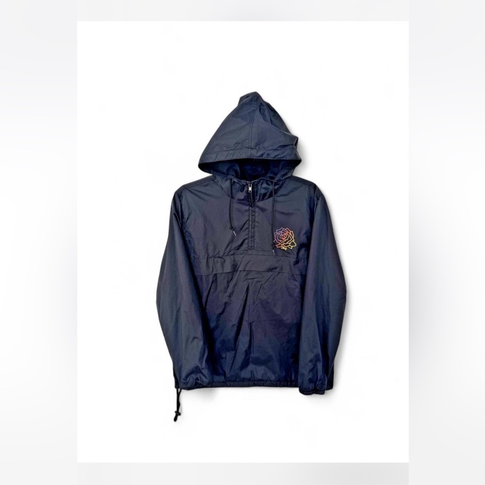 Obey Worldwide Black Windbreaker Jacket With Rainbow Rose 1/4 Zipper Size Large